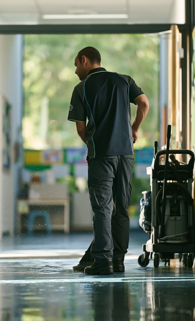Bright Prestige cleaner with a trolley working through a school corridor